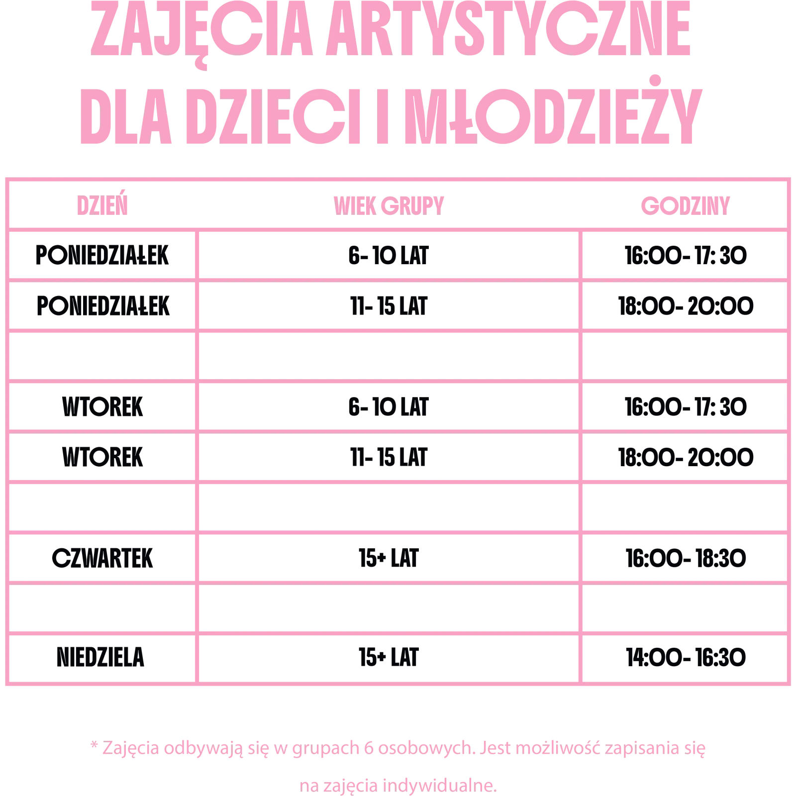 Grafik zajęć artystycznych dla dzieci i młodzieży w Studio Formad w Łodzi: grupy wiekowe 6-10, 11-15 i 15+ lat od poniedziałku do niedzieli, grupy 6-osobowe.